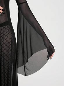 Breakform 女士哥特式性感网纱V领系带不对称下摆宽松开衫 - 黑色 - 查看 7