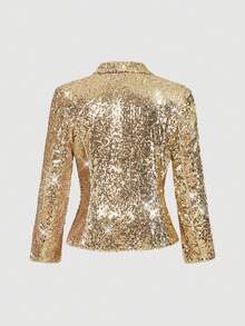 SHEIN MOD 大码女式金色亮片翻领长袖双排扣西装外套，适合感恩节、圣诞节、舞会、派对等场合，闪亮上衣，秋冬季女式外套 - 金色 - 查看 2