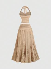 Sweetra Women's Khaki V-Neck Tie-Up Backless Camisole Top & Textured A-Line Skirt 2-Piece Set, Spring/Summer - Khaki - View 4