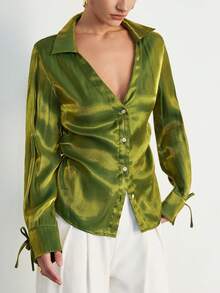 Aveloria Modichic French Minimalist Commuter Bow Decor V-Neck Long Sleeve Blouse, Versatile & Shiny Material - Olive Green - View 3