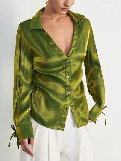 Aveloria Modichic French Minimalist Commuter Bow Decor V-Neck Long Sleeve Blouse, Versatile & Shiny Material