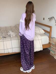 DAZY 2件套毛绒小狗图案宽松长袖T恤和蕾丝拼接蝴蝶结印花长裤睡衣套装，女士秋季款 - 紫色 - 查看 2