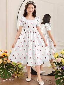 SHEIN 少女时尚优雅碎花方领短袖连衣裙 - 紅白色 - 查看 4