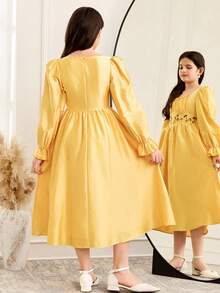 SHEIN Đầm dài tay cổ vuông thời trang và thanh lịch dành cho bé gái tuổi teen - Màu vàng - Xem 5