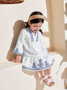 SHEIN Baby Girls' Minimalist Print Long Sleeve Dress - Blue and White - View 6