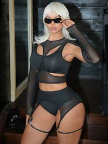 Classic Fashionable Punk Semi-Sheer Milk Silk Cropped Camisole Top + Thong Panty + Hollow-Out Long Sleeve Mesh Blouse + Garter Belt + 2pcs Leg Garters, 6pcs Sexy Lingerie Set For Women - Black - View 4