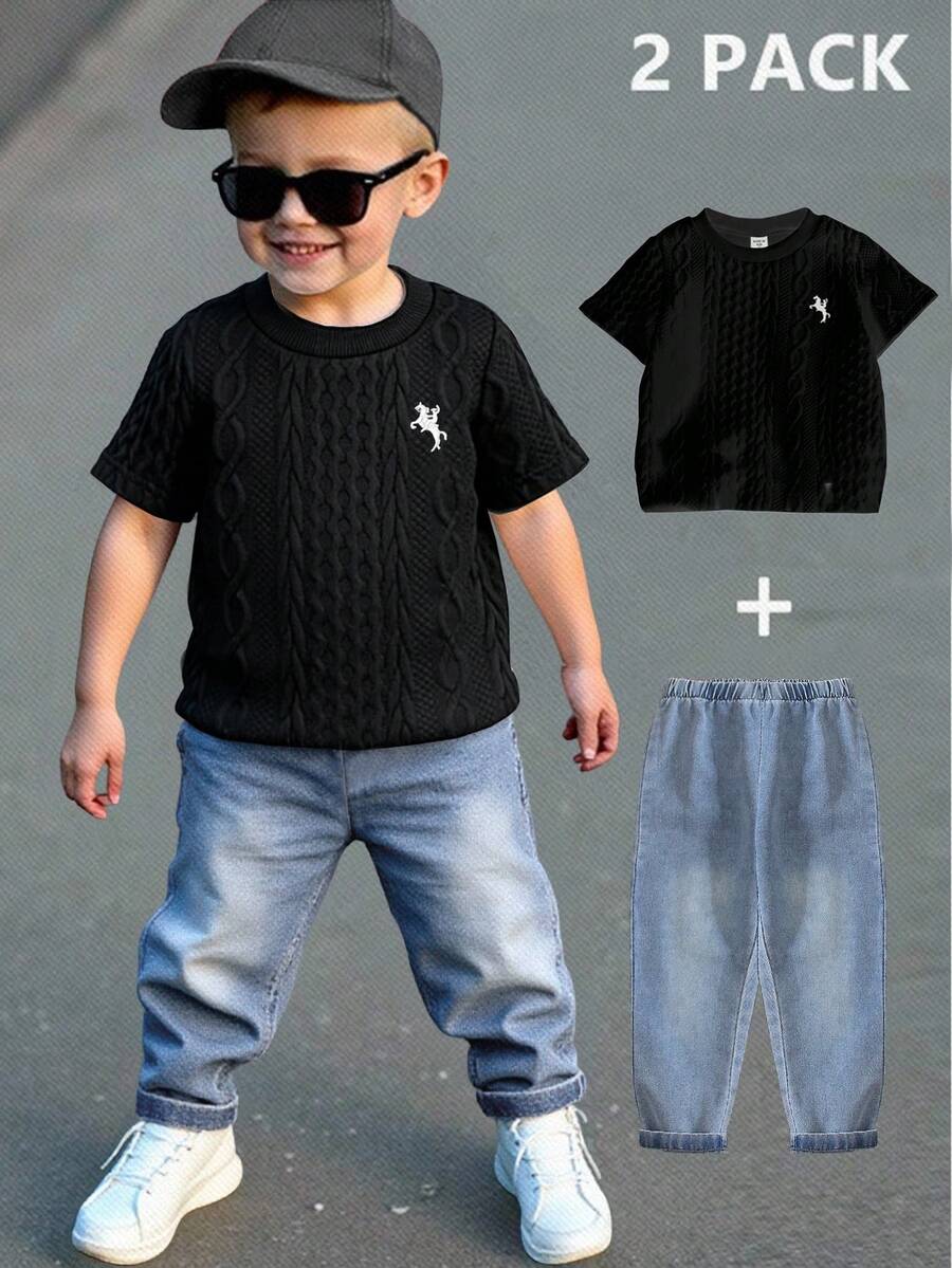 SHEIN Genkimix Kids 2件套男童时尚百搭白色针织刺绣装饰圆领短袖上衣搭配弹力腰水洗牛仔长裤套装,适合户外、度假、购物、派对、拍照等场合。 - 黑色 - 查看 1