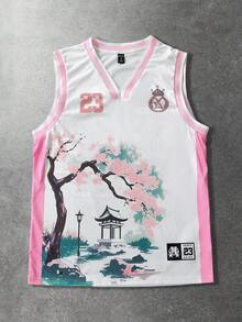 ROMWE MEN Prep Men's Casual Cherry Blossom Print Street Style Tank Top, Spring/Summer - White - View 7