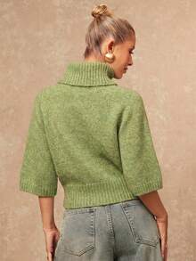 Lumalex 女士高领短袖收腰蝙蝠袖斗篷式毛衣，麻花针织纹理 - 綠色 - 查看 2