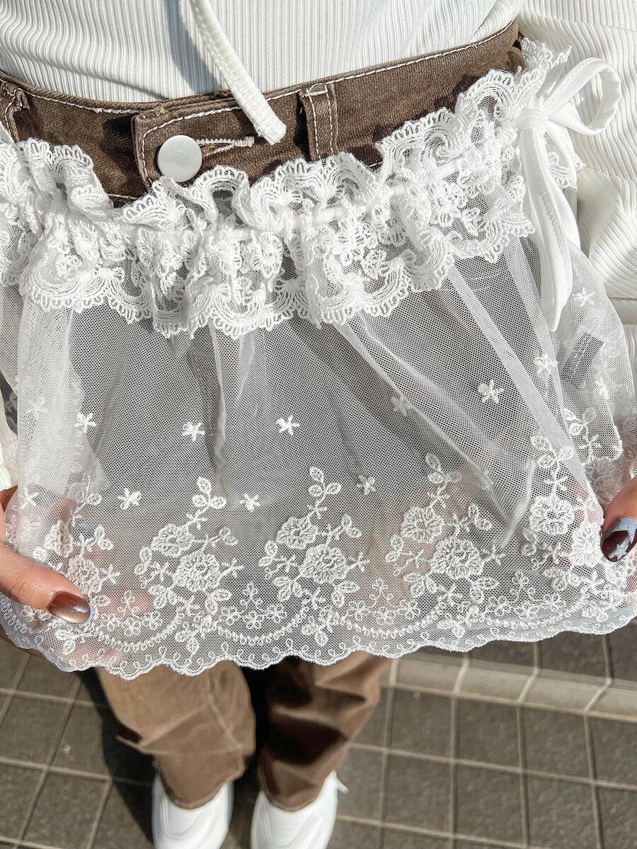 FRIFUL Falda casual y versátil de mujer con cintura con cordón, de tela de encaje transparente de unicolor, para primavera - Blanco - Ver 1