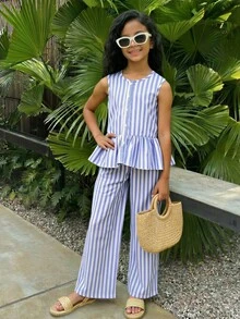 SHEIN 2pcs Tween Girls Sleeveless Shirt With Bow Button And Elongated Pants Set - Blue - View 6