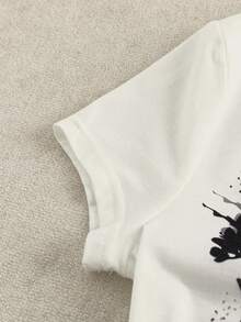 Camiseta de mujer de manga corta con cuello en V y estampado floral, adecuada para vacaciones de verano y uso diario - Blanco - Ver 4