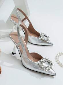 Ellevyn Fall/Winter 2025 Women's Fashionable Black High Heel Pointed Toe Rhinestone Bowknot Ankle Strap Sandals,Elegant,Women Pumps,Elegant,Party Outfits - Silver - View 4