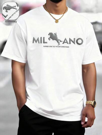 Manfinity Homme 男士短袖圆领T恤，加大码男士T恤，3D立体印花，白色T恤，男士T恤，男士白色T恤，夏季休闲撞色字母印花短袖T恤，3D印花T恤，男士日常休闲、周末旅行、探险旅行、轻松工作环境、男友/老公礼物、周年纪念/生日礼物、派对、夏季假期、老钱、婚礼，男士白色T恤，米兰T恤，白色3D印花T恤，男士短袖T恤