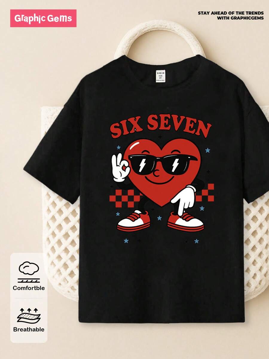 SHEIN 青少年男孩休闲创意个性化清新简约时尚爱心卡通图案67五角星格子图案字母标语印花舒适基础款短袖T恤,适合男孩,情人节氛围,上衣,黑色T恤 - 黑色 - 查看 1