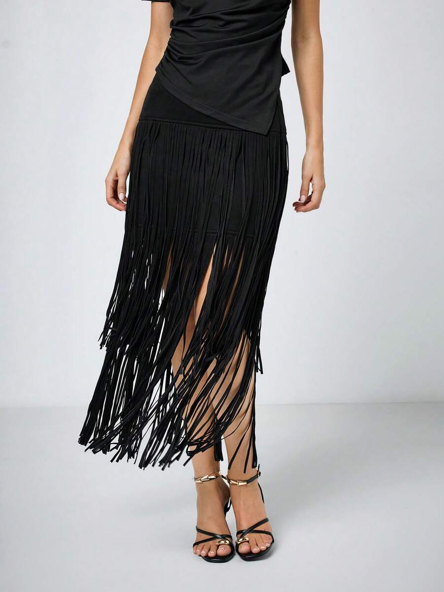 Maija Women's Black Suede Fabric Mid-Waist Cinched Waist Fringe Patchwork Design Flattering Slimming Chic Vacation Boho Casual Versatile Country Music Festival Western Style Bohemian Elegant Versatile Country Music Festival Skirt - Black - View 1