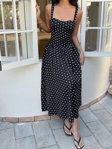 SHEIN EZwear 黑色波点编织吊带度假连衣裙 - 黑色 - 查看 6