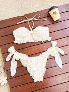 Swim SXY Set bikini sexy și drăguț, cu volane, din material jacquard, culoare uni, cu legături în față și halter, costum de baie din 2 piese pentru femei - Bej - Vizualizare 5