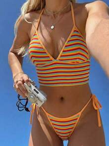 Swim Mod Women's Pride Month Multicolor Striped Bikini Set,Orange Summer Beach Vacation Casual Two Pieces Swimwear Fabric Bathing Suit For Party Tanning - Multicolor - View 1