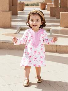 女婴编织花卉蕾丝边V领长袖连衣裙，蝴蝶结设计，粉色 - 粉色 - 查看 4