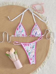 Swim Mod 2pcs/Set Ocean Texture Fabric Wireless Lace-Up Cute Deep V Shell Crochet Thong Bikini Swimsuit, Spring/Summer Beach Holiday - Multicolor - View 3