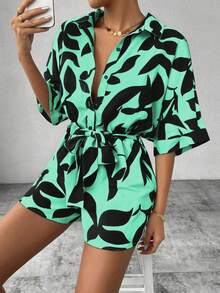 EMERY ROSE 条纹蝙蝠袖女式极简印花短袖连体裤绿色连体裤女式热带连体裤休闲连体裤短套装女式度假连体裤绿色连体裤女式短款连体裤春季连体裤树叶印花连体裤女式连体裤夏季连体裤短袖连体裤系腰连体裤 - 彩色 - 查看 6
