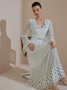 Aveloria Rosie New Arrival Cute & Sweet Ruffle Trim Elegant Polka Dot V-Neck Long Sleeve Dress - Multicolor - View 1