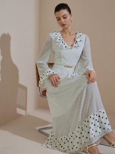 Aveloria Rosie Ny ankomst Söt & söt Elegant Prickig V-ringad Långärmad Klänning med Volangkant