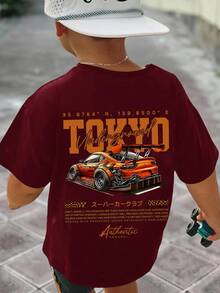 男婴休闲宽松舒适复古汽车、卡通、涂鸦、英文字母印花短袖上衣，适合夏季穿着 - 酒紅色 - 查看 1