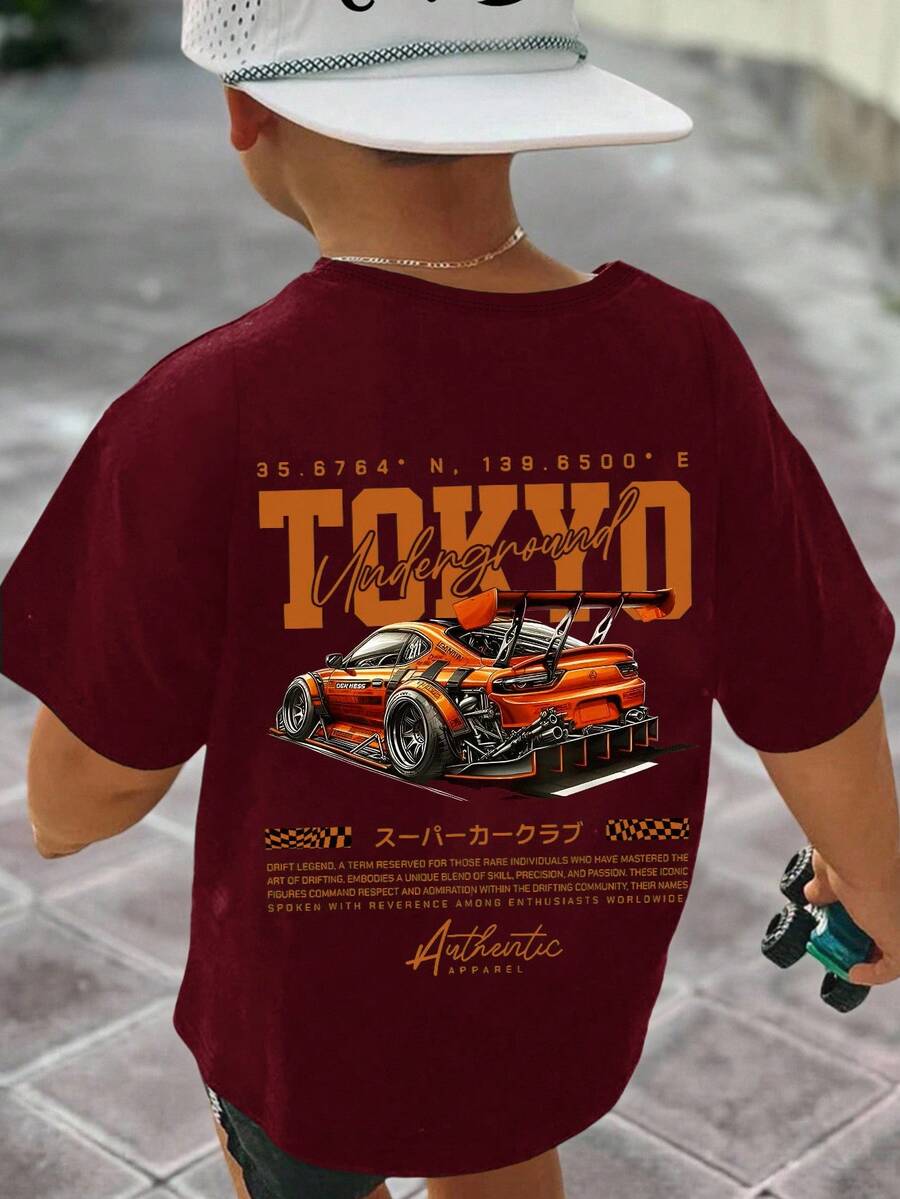 男婴休闲宽松舒适复古汽车、卡通、涂鸦、英文字母印花短袖上衣，适合夏季穿着 - 酒紅色 - 查看 1