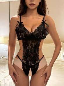 DAZY 蝴蝶结装饰蕾丝透视镂空性感吊带连体衣外出 - 黑色 - 查看 3