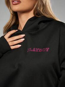Missguided x Playboy Áo hoodie cỡ lớn đính đá lấp lánh với logo và thiết kế trang trí cầu kỳ, thích hợp cho phong cách đường phố thường ngày mùa đông và thu. - màu đen - Xem 6