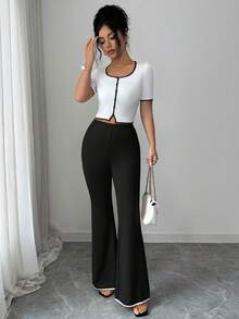 Elenzga Bộ trang phục công sở thường ngày thanh lịch dành cho nữ, gồm áo và quần cài cúc phía trước. - Đen và trắng - Xem 3