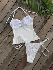 Swim Mod Ladies' Spring/Summer Beach Music Festival Knitted Jacquard Fabric White Halter Bow Knot Flower Cute Sweet Style Tankini Set - White - View 2