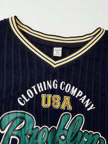 SHEIN Casuvi Kids 少女美式学院风罗纹领长袖印花上衣和百褶迷你裙两件套，适合美国节日活动