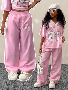 Coolane Kids 少女春夏街头风日常必备单品，撞色弹力腰宽松休闲裤，亮粉色直筒裤，撞色粉色，返校季 - 粉色 - 查看 2