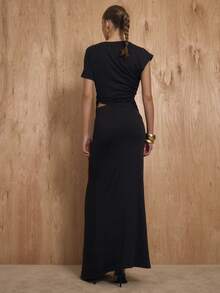 MUSERA Maxikleid mit geraffter Taille, ausgeschnittenem Ausschnitt und Drapierung im T-Shirt-Stil, niedlich, sexy, für Ausgehen, Abendparty, Valentinstag, Frühling, Sommer, Feiertage, Hochzeitsgast, elegant, Abschlussfeier - Schwarz - Übersicht 4