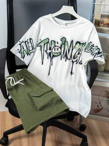 两件套青少年男童休闲印花T恤和宽松工装短裤套装 - 軍綠色 - 查看 1