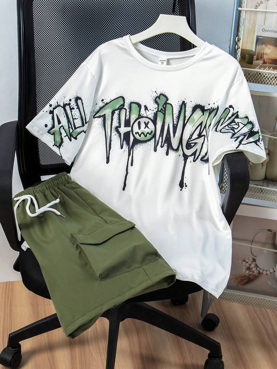 两件套青少年男童休闲印花T恤和宽松工装短裤套装 - 軍綠色 - 查看 1