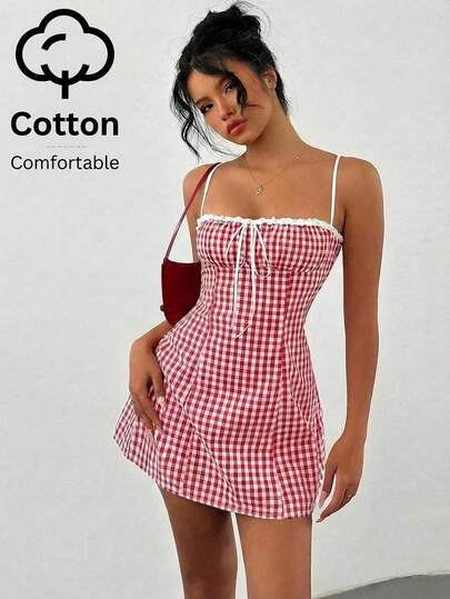 Aloruh Women's Cotton Red & White Plaid Camisole Bodycon Mini A-Line Lace Trim Dress