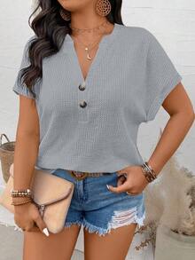 EMERY ROSE Plus Size Women's Summer V-Neck Button Decor Casual T-Shirt - Light Grey - View 6