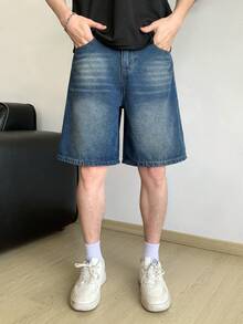 SHEIN 青少年男孩時尚返校街頭風混搭百搭設計 Y2k 復古酷感深藍色寬鬆舒適牛仔短褲 日常穿搭 春夏電音節慶街頭風 - 藍色 - 查看 5
