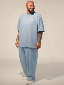 EASEVO Męski, jednokolorowy, swobodny zestaw T-shirt i spodnie w dużym rozmiarze - Niebieski - Zobacz 3