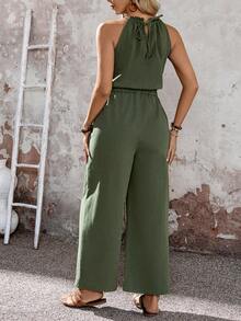 SHEIN LUNE Women's Solid Color Sleeveless Casual Jumpsuit With Pockets, Daily Wear Beach - Green - View 4
