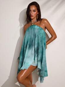 SHEIN BAE Đầm nữ cổ yếm hở lưng, vạt bất đối xứng, trang trí hoa kim loại. - màu xanh lá - Xem 5