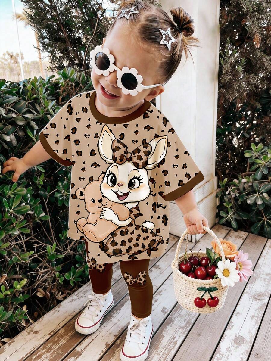 SHEIN Baby Girl Cartoon Print Round Neck Short Sleeve T-Shirt And Leggings Casual Outfit, Suitable For Spring/Summer, Daily Wear - Multicolor - View 1