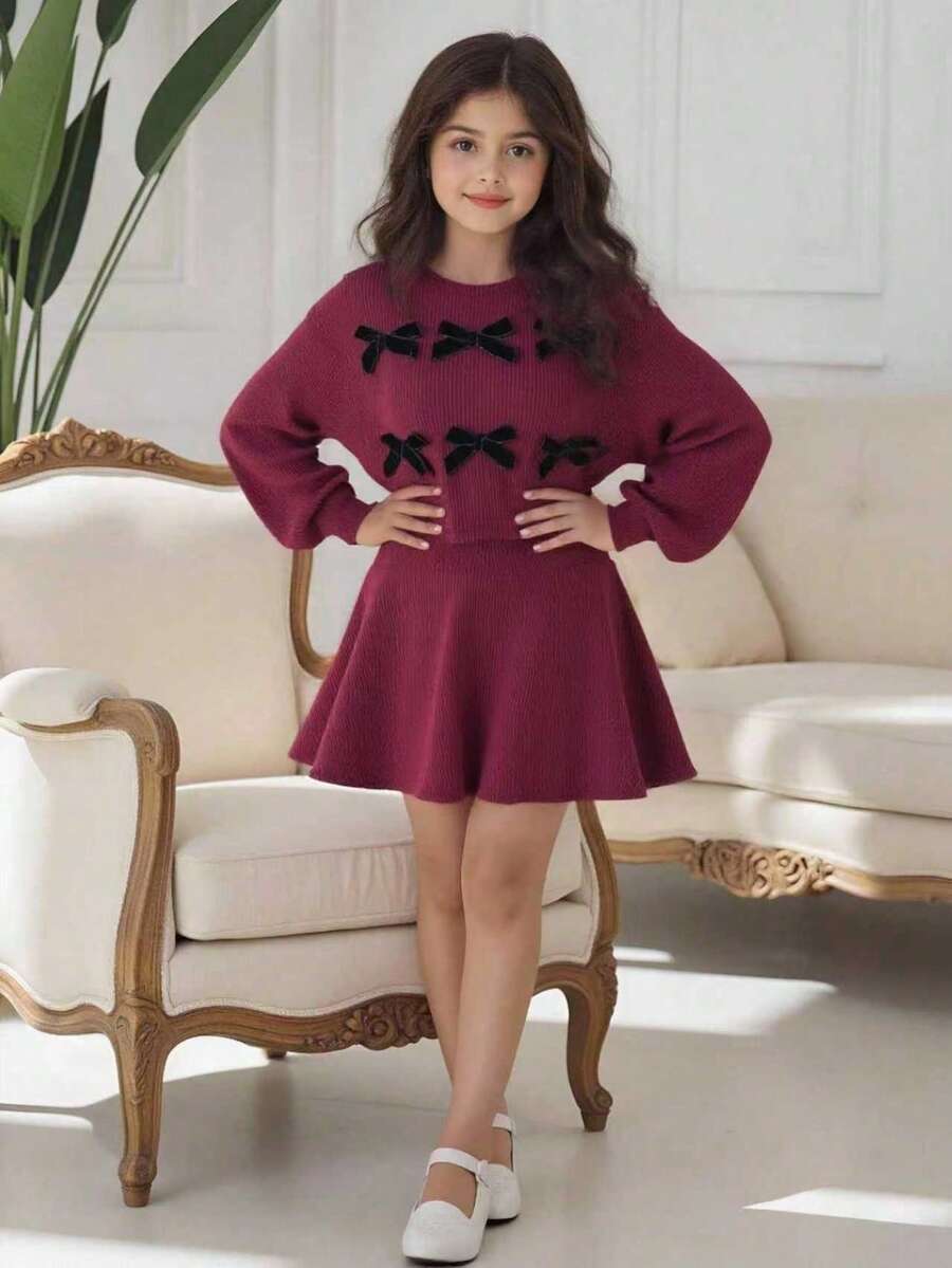 Tween GirlsRed Loose Puff Sleeve Top And Skirt Set, Fashionable For Back To School Wear In Autumn/Winter - Burgundy - View 1