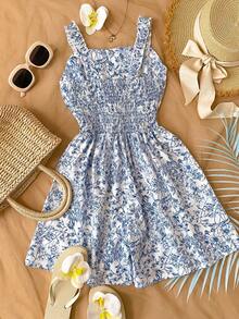 女童碎花连体裤，修身腰部设计，荷叶边下摆，休闲度假装，春夏款 - 淺藍色 - 查看 2