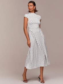 COSMINA Elegant Commuter Women's Dress, Ruched Waist Design, Knit Stretchy Fabric, Comfortable Dress, Black Polka Dot Print Pattern, Daily Wear, Street Style Dress, Valentine's Day Dress, White Dress, Wedding Guest Dress, Wedding Dress - Black and White - View 4