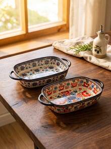 Rectangular Ceramic Baking Dish - Handcrafted With Floral Pattern & Dual Handles, Oven-To-Table Dish For Roasting & Serving (730ml) - Multicolor - View 1
